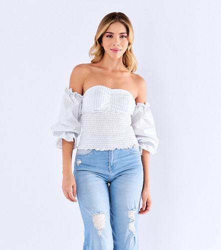 Blusa Tipo Corse A Rayas Manga 3 4 Con Boleros DerekAC