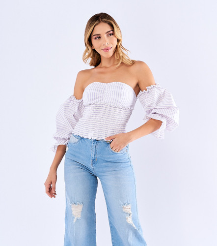 Blusa Tipo Corse A Rayas Manga 3 4 Con Boleros DerekLI