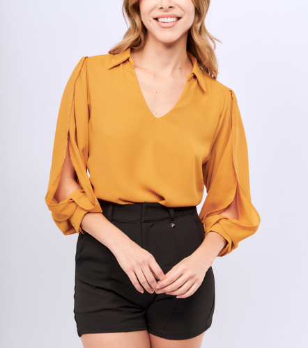 Blusa Para Mujer Unicolor De Manga Petalo DerekMT