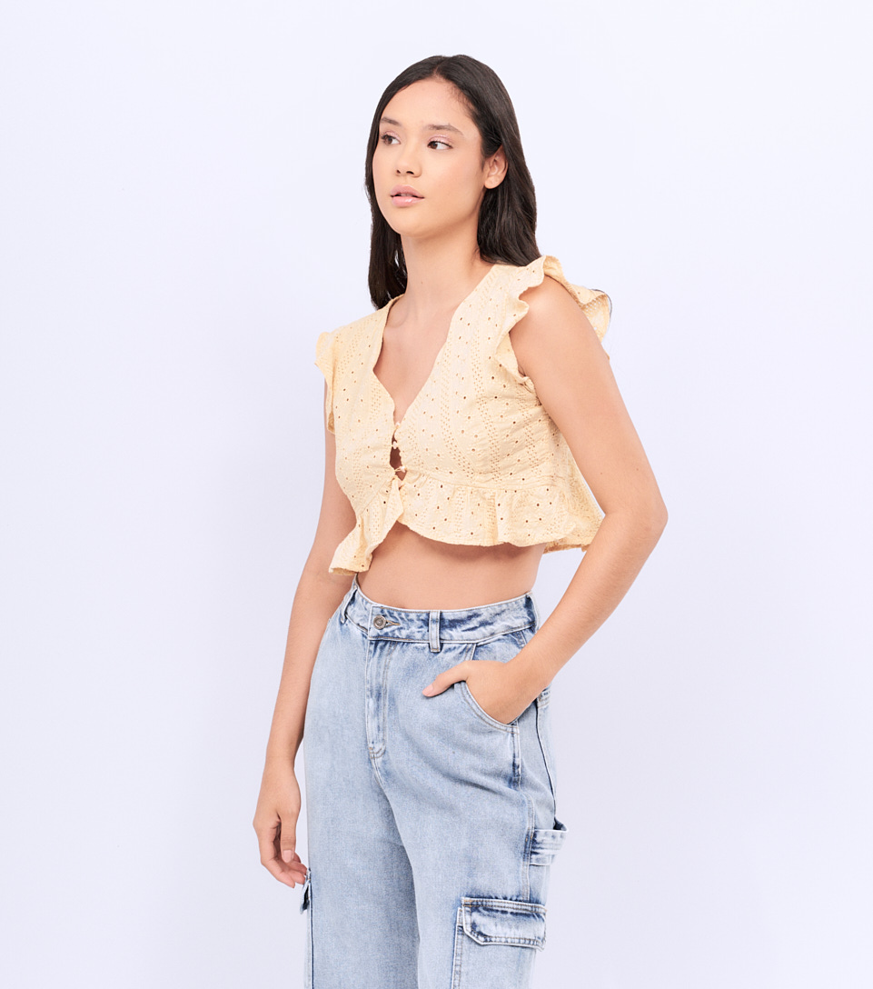 Natali Blusa Cuello En V Con Golas En Manga Y Ruedo TyperAM