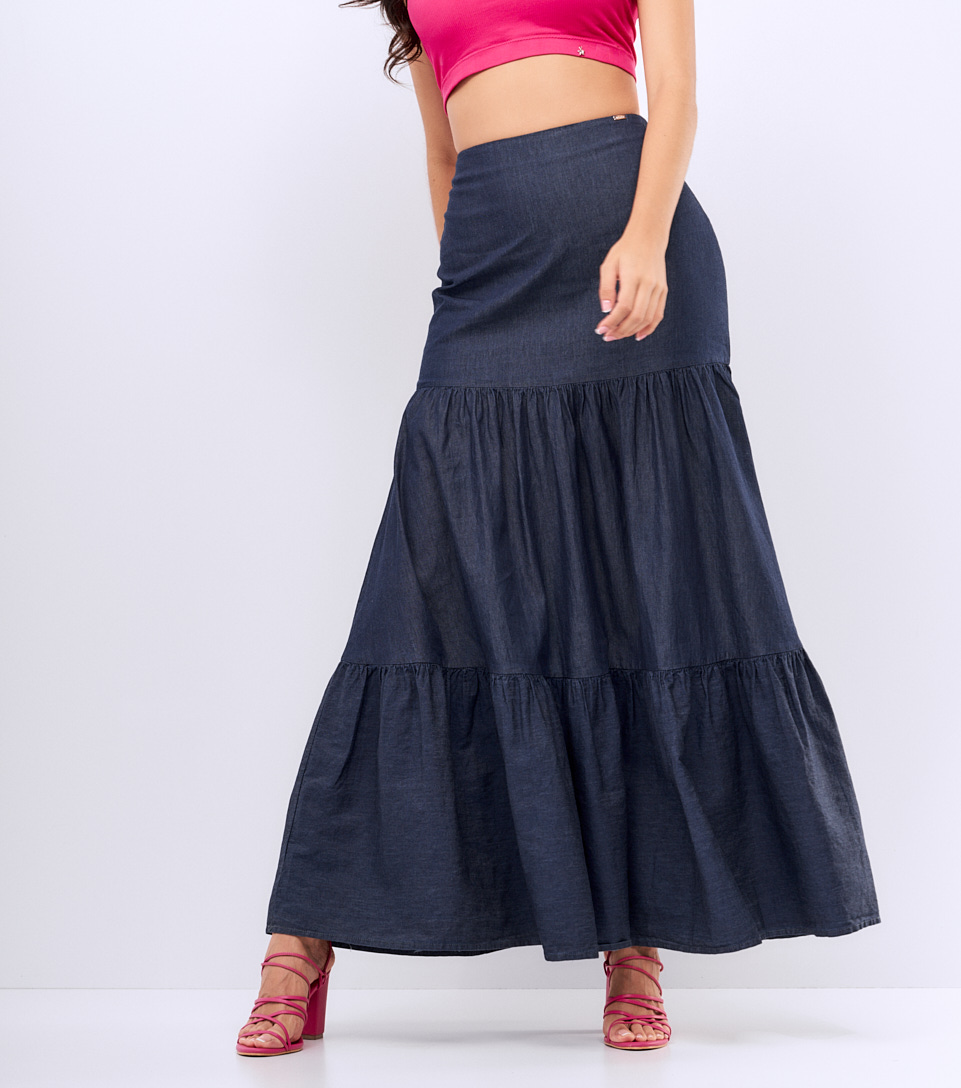 Falda Para Mujer Larga Amplia En Chambray Con Proceso Xia Derek 828276 AZ