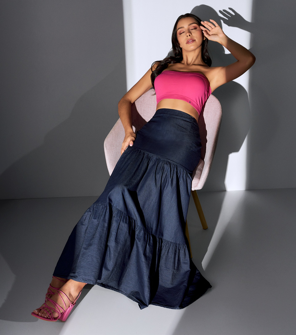Falda Para Mujer Larga Amplia En Chambray Con Proceso Xia Derek 828276 AZ