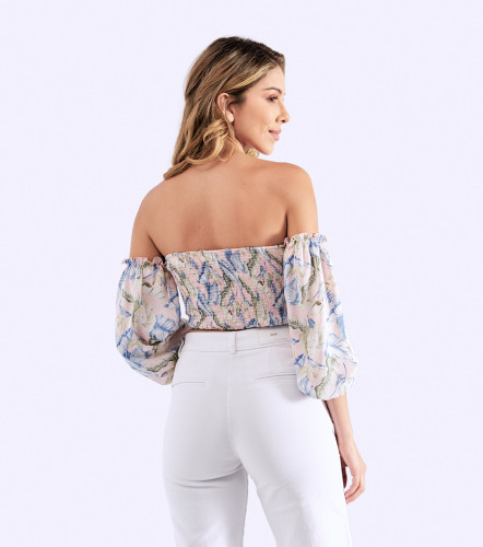 Blusa De Mujer Estampada Tipo Corse Manga LargaNU