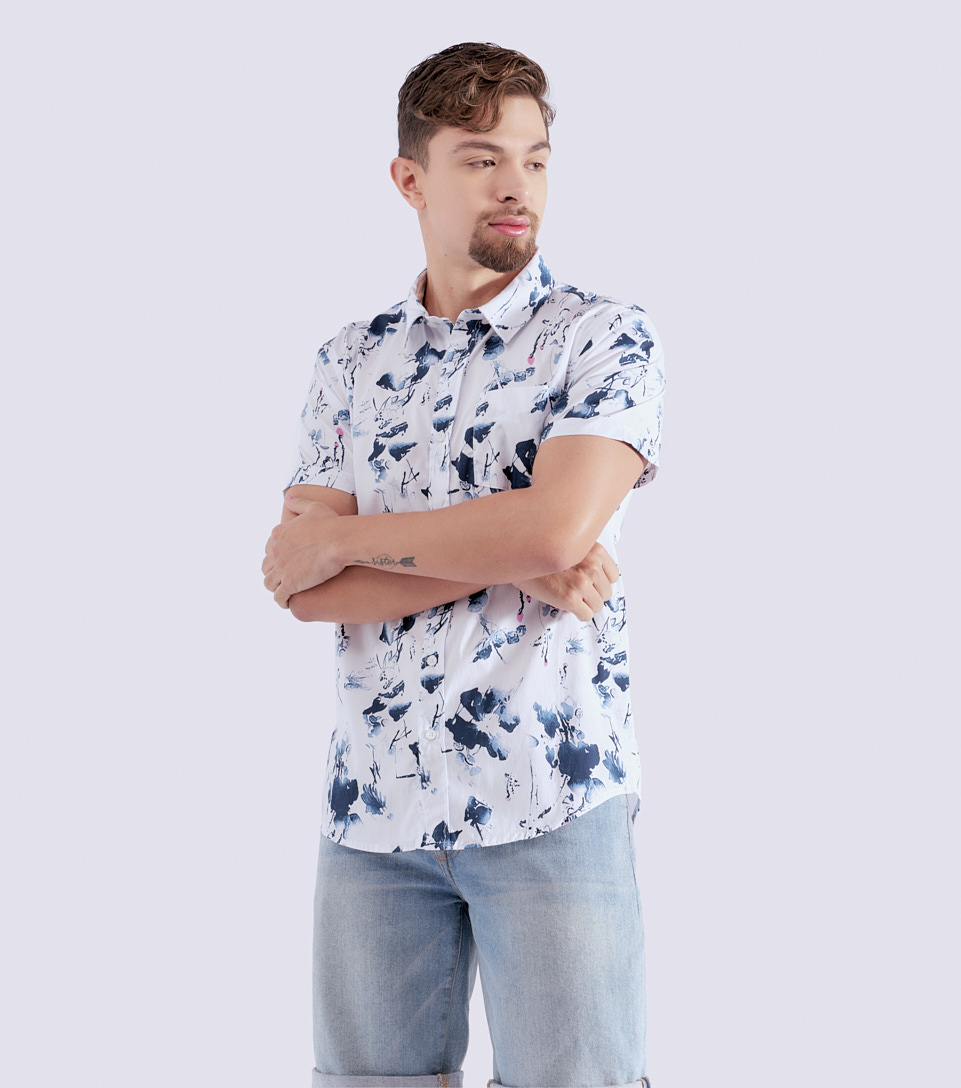 Camisa Para Hombre Molderia Slim Estampada Con Bolsillo Y Manga Corta Unser 828770 BL