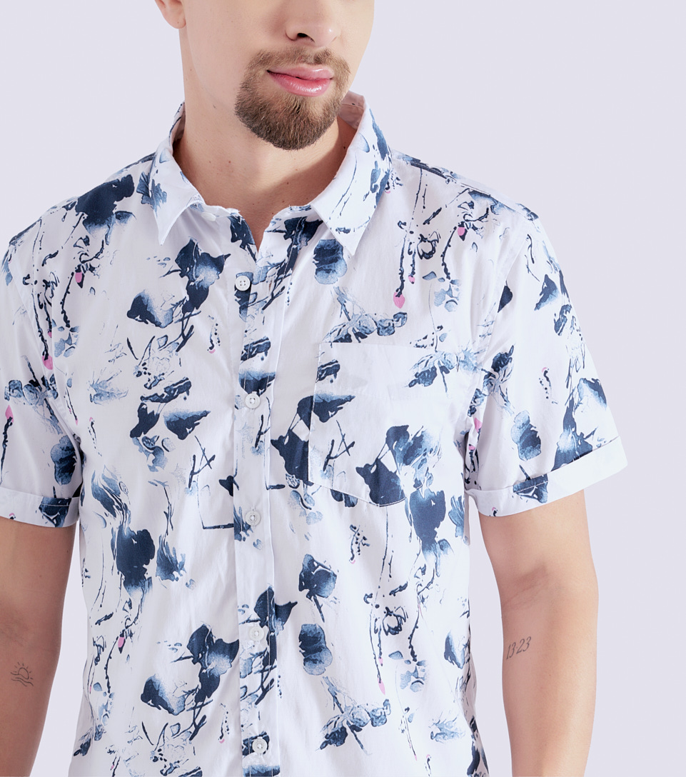 Camisa Para Hombre Molderia Slim Estampada Con Bolsillo Y Manga Corta Unser 828770 BL