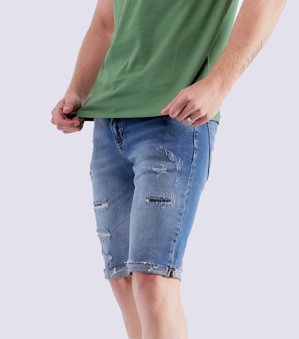 Bermuda Para Hombre En Indigo Con Proceso Rotos Y Parches Unser 828761 AZ