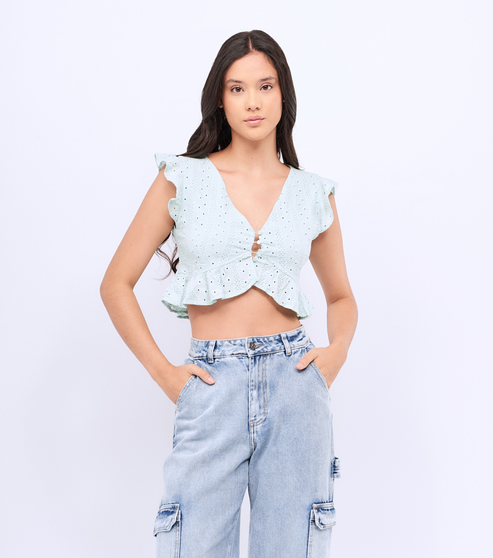 Natali Blusa Cuello En V Con Golas En Manga Y Ruedo TyperVD