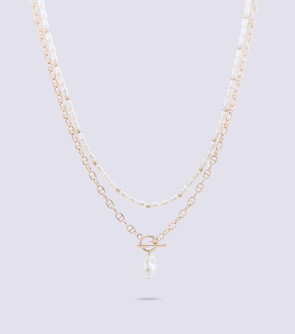 Collar Cadena Eslabon Con Piedra Imitacion Perla Derek 830505 DO