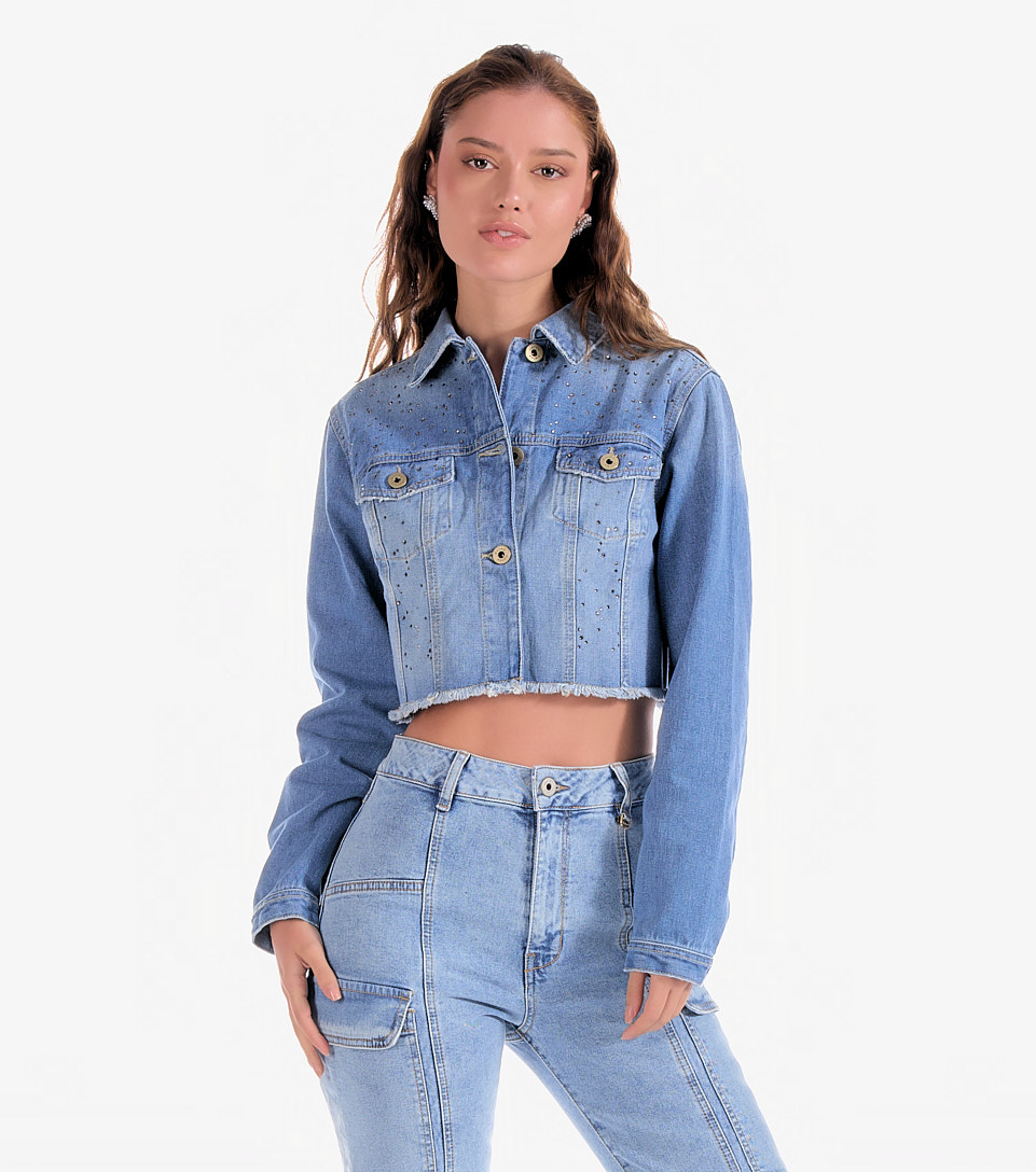 Chaqueta para mujer denim con apliques brillantes adriana derek