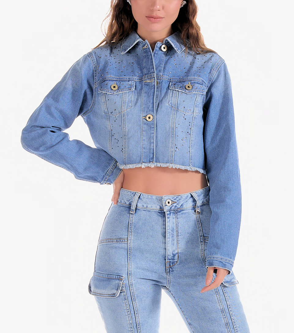 Chaqueta Para Mujer Denim Con Apliques Brillantes Adriana Derek 828232 AZ