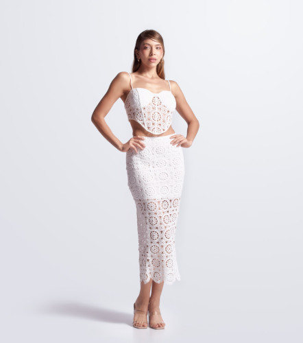 Set Blusa Crop Top Y Fada Larga Unicolor Encaje DerekBL