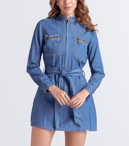 Vestido Para Mujer En Indigo Con Cremallera En Delantero Y Cinturon UnserAZ