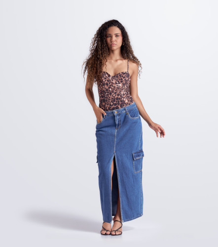 Falda En Indigo Con Bolsillos Y Abertura Luciana DerekAZ