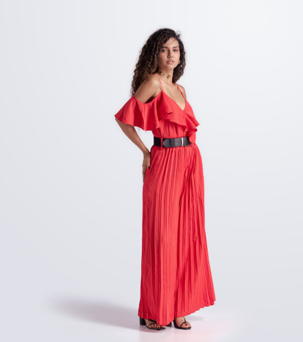 Enterizo Largo Manga Halter Parte Inferior Plisado Unicolor DerekRJ