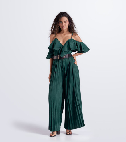 Enterizo Largo Manga Halter Parte Inferior Plisado Unicolor DerekVO