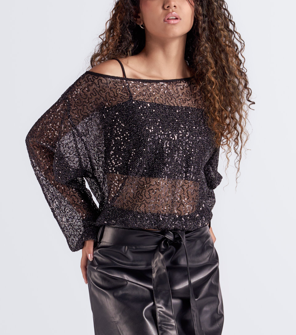 Blusa Transparente Top Negro Transparente Manga Larga Encaje Blusa