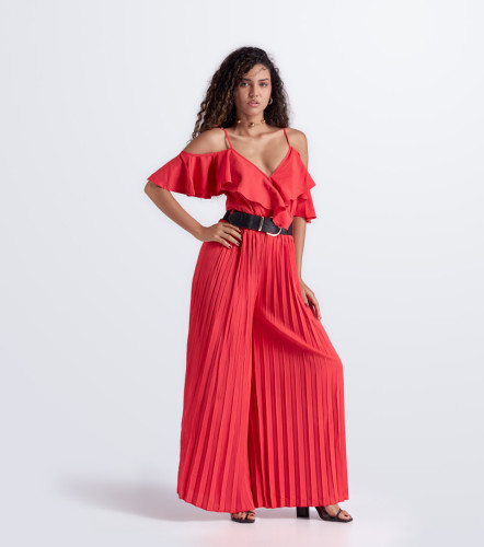 Enterizo Largo Manga Halter Parte Inferior Plisado Unicolor DerekRJ