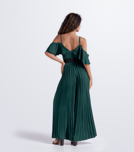 Enterizo Largo Manga Halter Parte Inferior Plisado Unicolor DerekVO