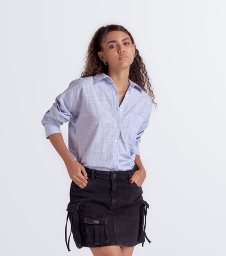 Flor Camisa Manga Larga Oversize Con Cuello Y Bolsillo UnserAC