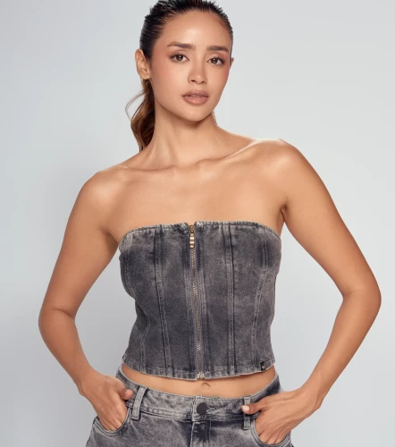 Brianna Blusa Straple En Denim Con Proceso Y Cremallera UnserGR