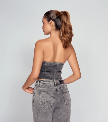 Brianna Blusa Straple En Denim Con Proceso Y Cremallera UnserGR