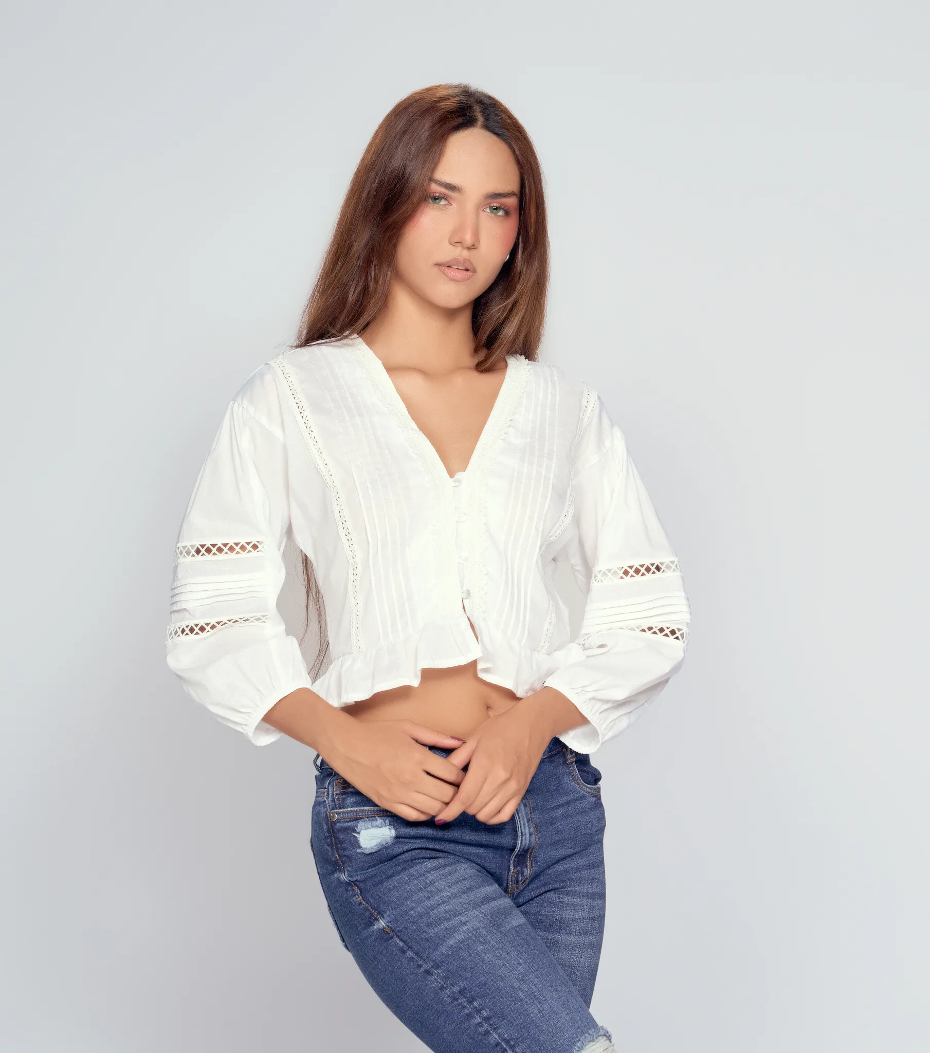 Luz Blusa Manga 3 4 Con Encajes Y Cortes Unser 832669 BL