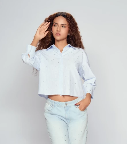 Blusa Camisera Manga Larga Para Mujer De Rayas Y Brillos DerekAZ