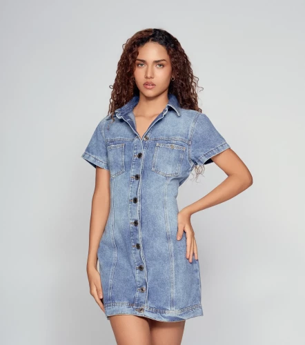 Marilyn Vestido Corto En Indigo Con Proceso Y Bolsillos UnserAZ