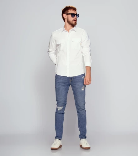 Camisa Para Hombre Unicolor Manga Larga Con Bolsillos UnserBL