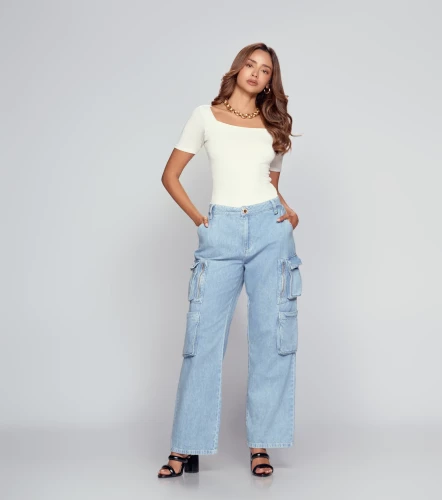 Jean Para Mujer Cargo Con Proceso Claro Barcelona Thalia DerekAZ