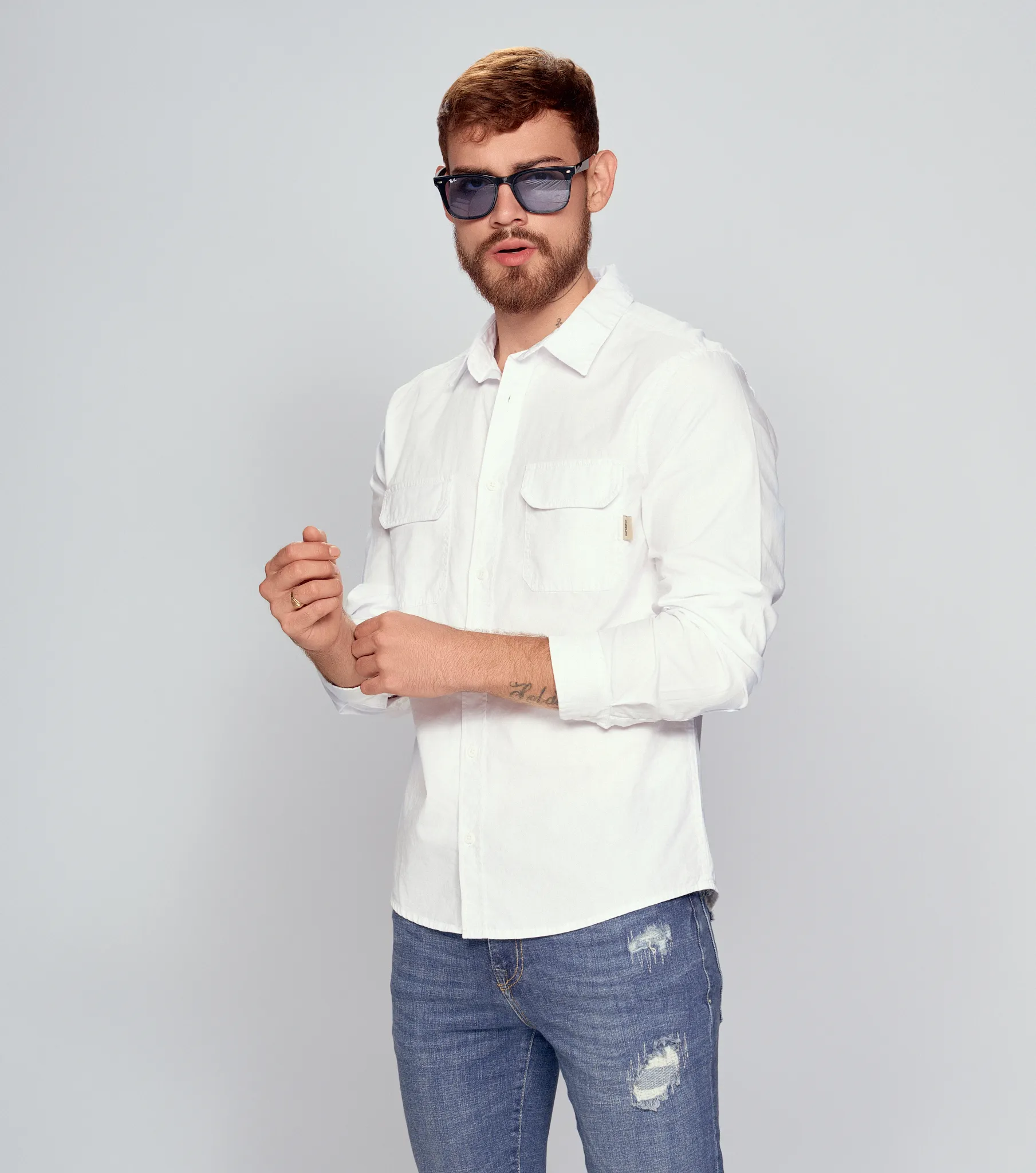 Camisa Para Hombre Unicolor Manga Larga Con Bolsillos UnserBL