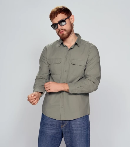 Camisa Para Hombre Unicolor Manga Larga Con Bolsillos UnserVD