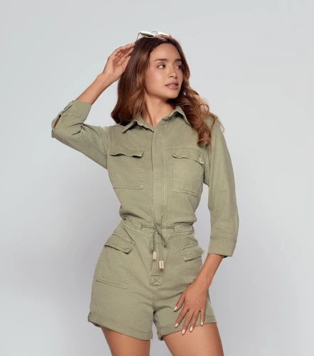 Fatima Enterizo Short Con Bolsillos Y Manga 3 4 UnserVD