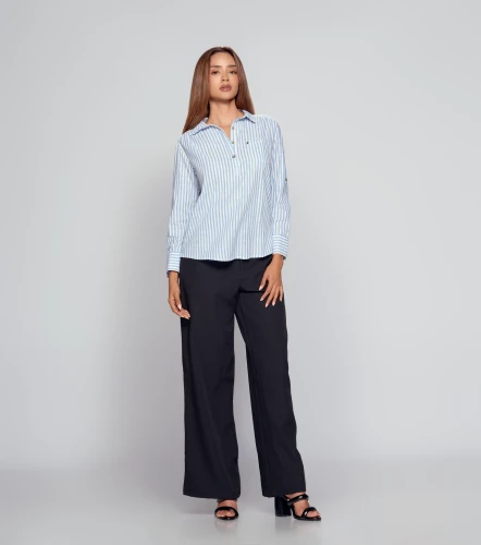 Blusa De Rayas En Lino Manga 3 4 DerekAZ