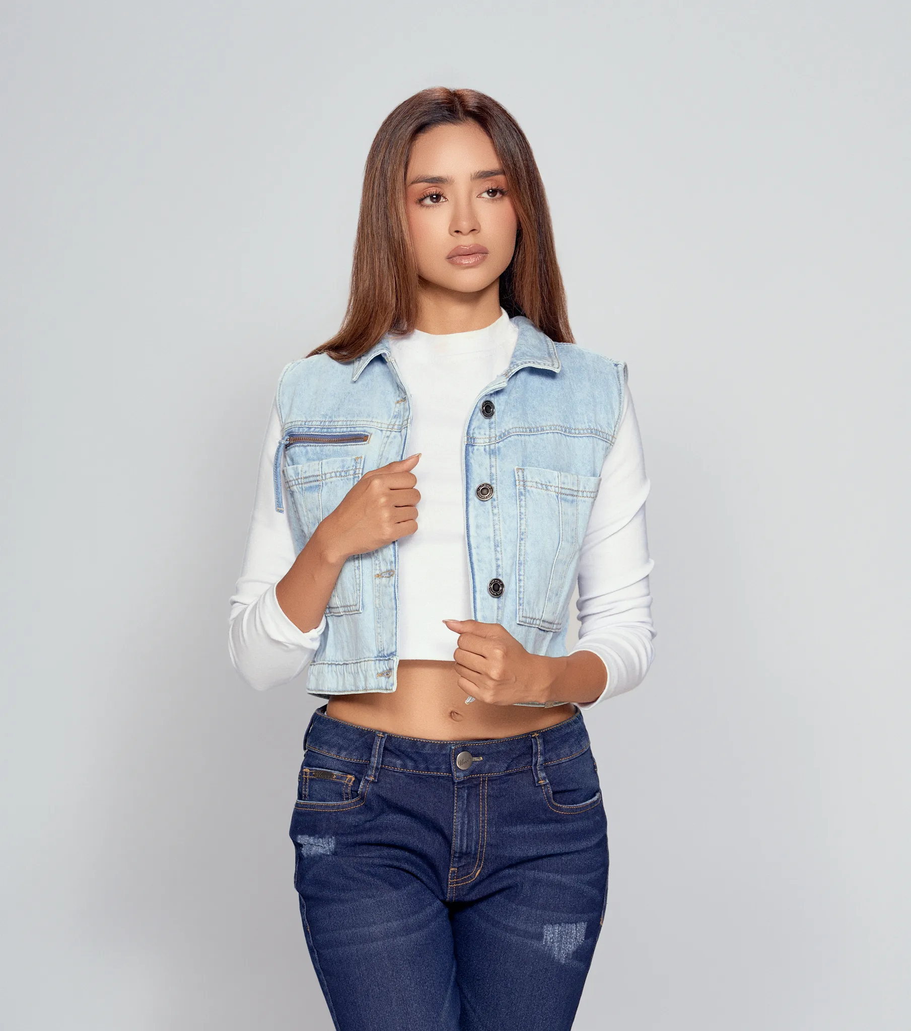Valeria Chaleco Denim Con Bolsillos Y Cremallera UnserAZ