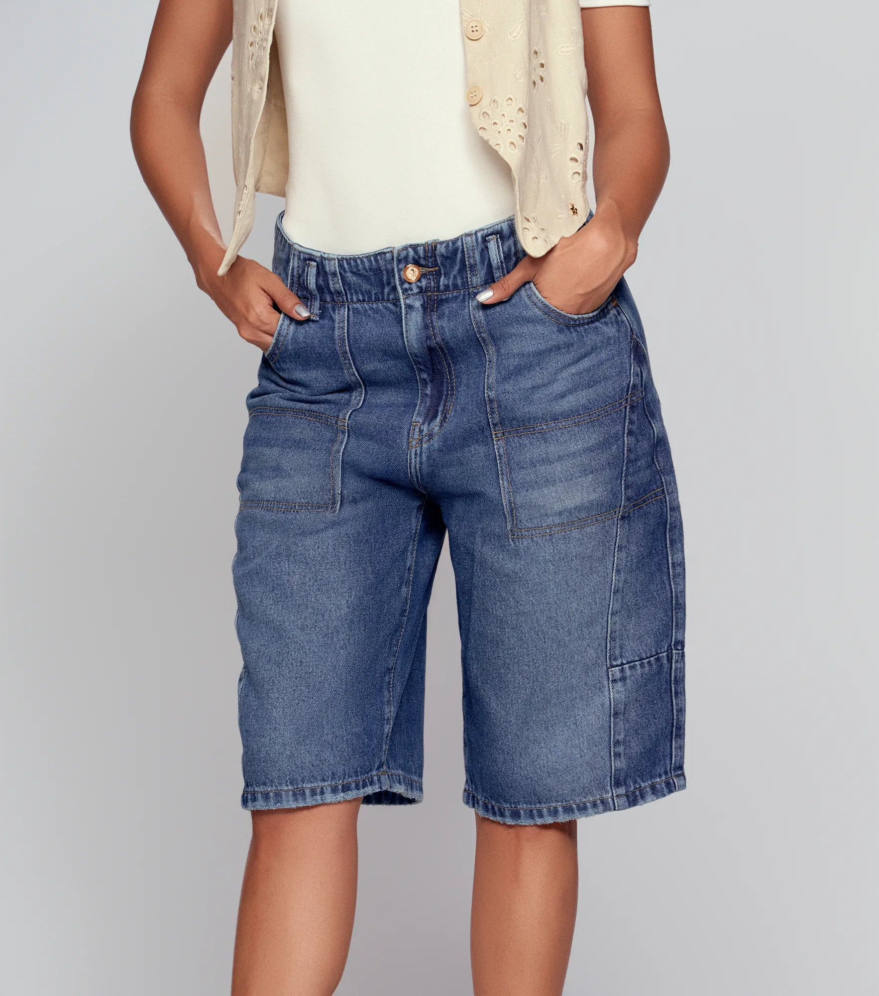 Jorts para mujer tipo bermuda en indigo con proceso derek Ref