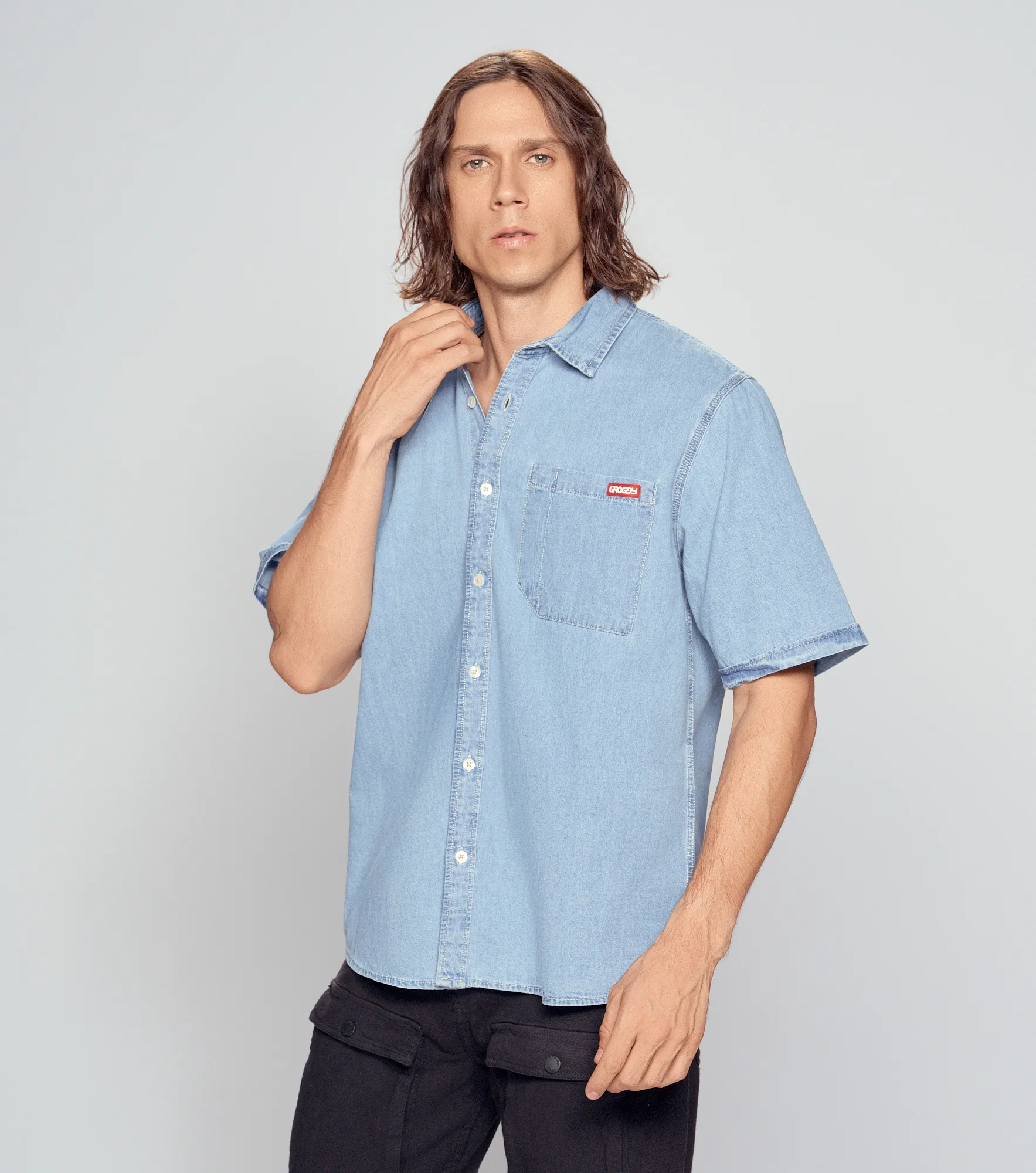 Hacker Camisa Manga Corta En Denim Masculina GroggyAZ