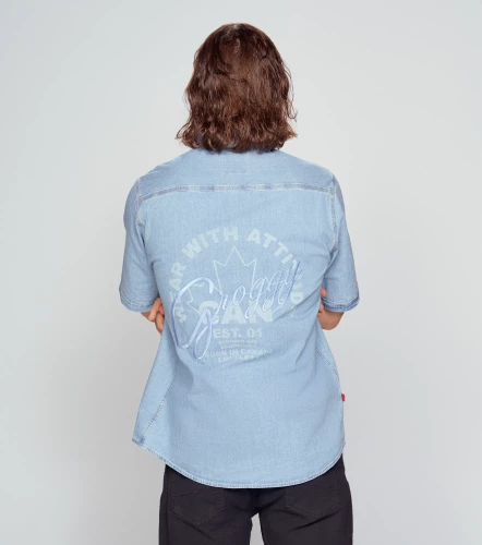 Hacker Camisa Manga Corta En Denim Masculina GroggyAZ