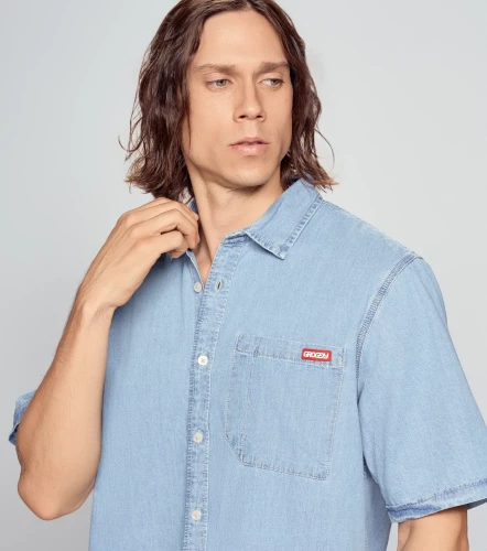 Hacker Camisa Manga Corta En Denim Masculina GroggyAZ