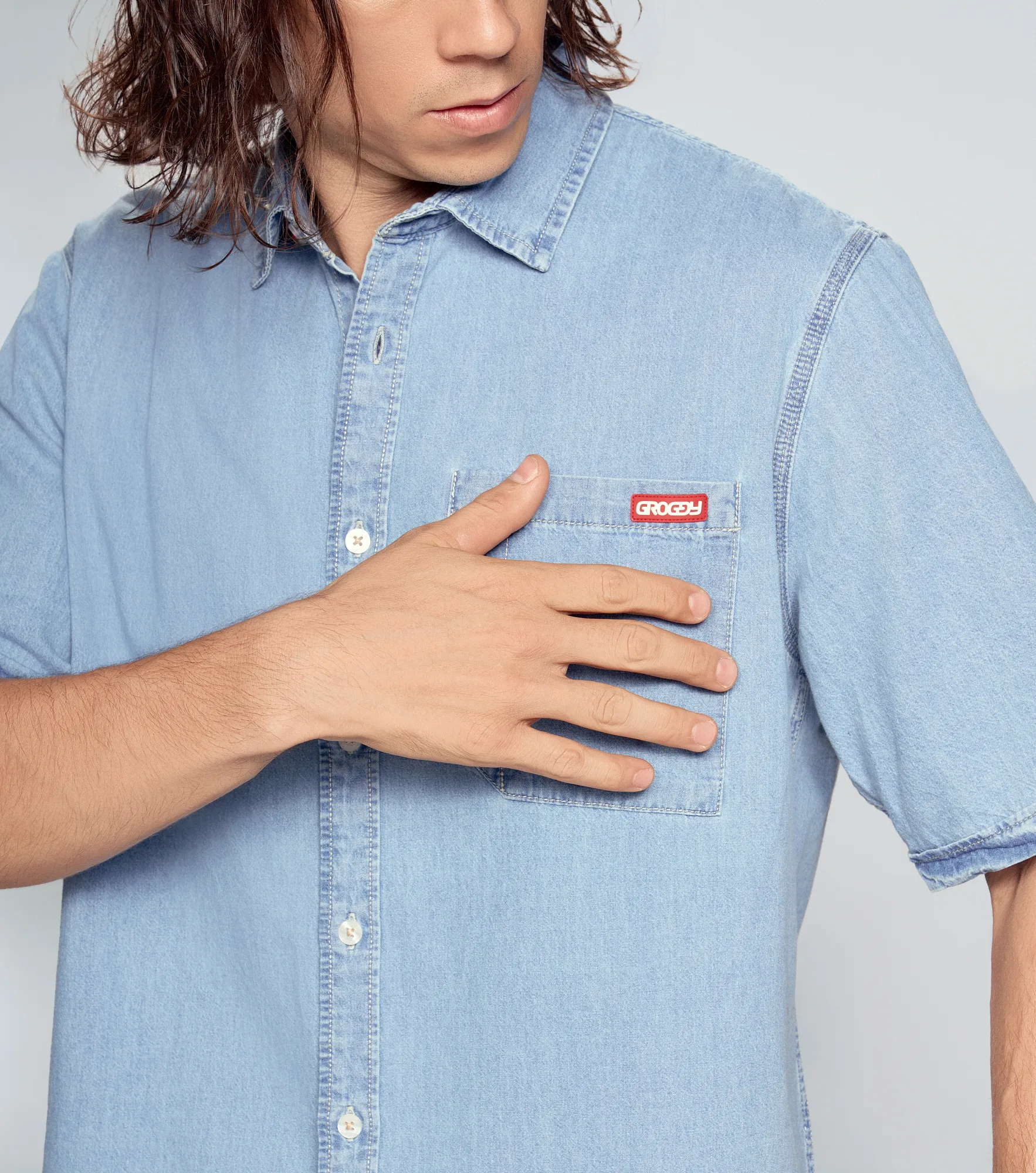 Hacker Camisa Manga Corta En Denim Masculina Groggy 835581 AZ