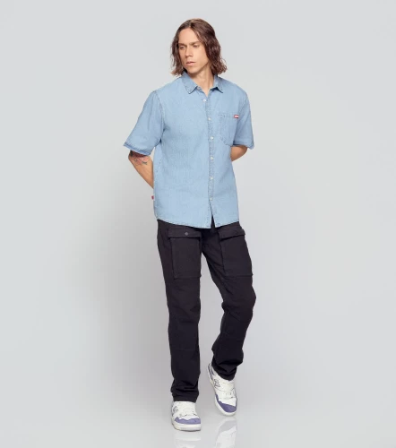 Hacker Camisa Manga Corta En Denim Masculina GroggyAZ