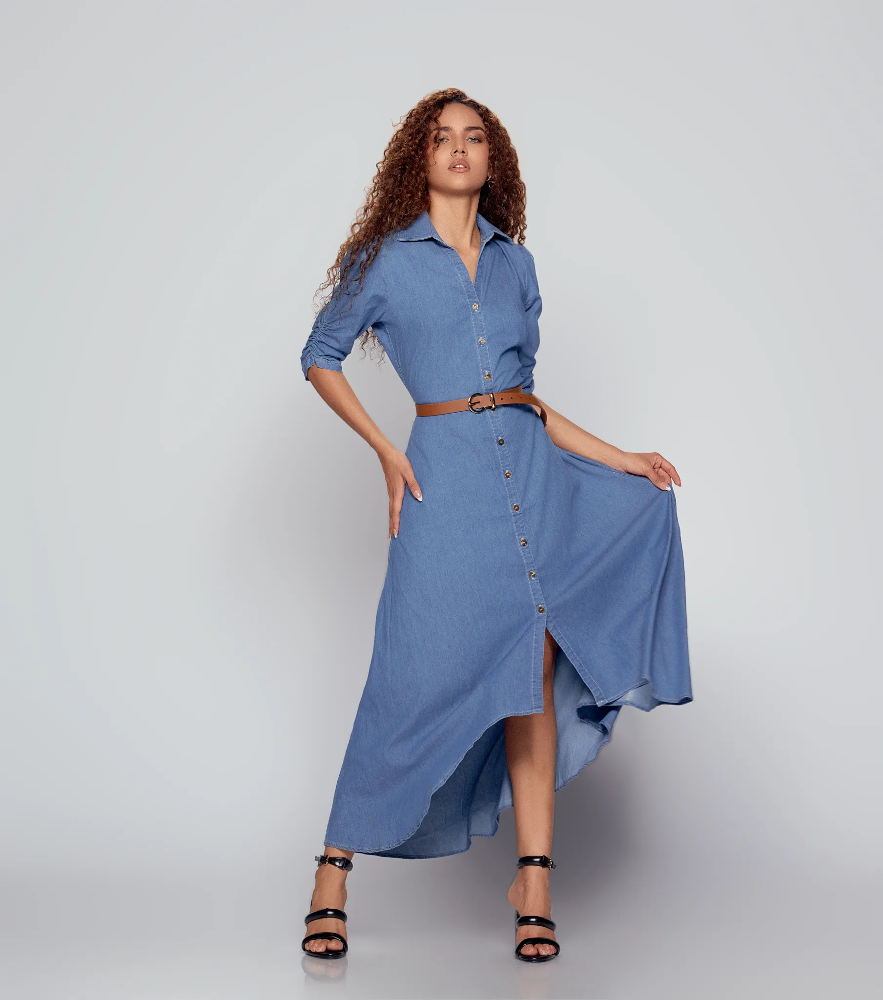 Vestido largo en chambray con mangas madonna derek 833246 - Main Image