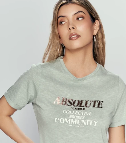 Clau T Shirt Unicolor Con Estampado Brillante En Delantero UnserVD