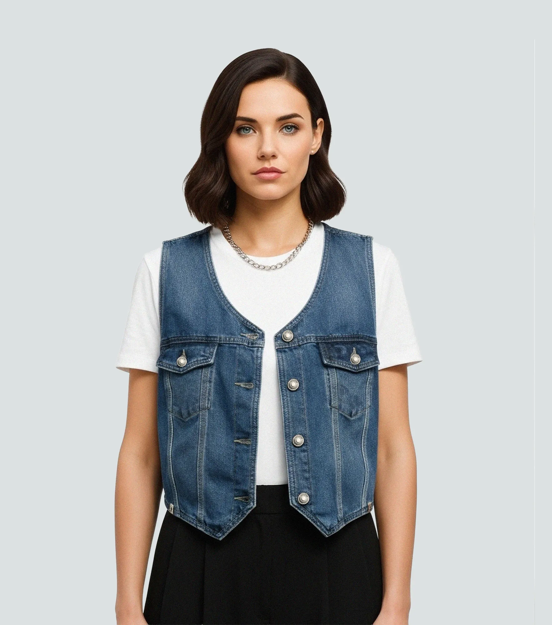 Daniela Blusa Chaleco En Denim Con Cortes Y Bolsillo UnserAZ