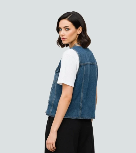 Daniela Blusa Chaleco En Denim Con Cortes Y Bolsillo UnserAZ