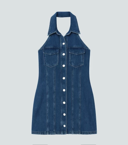 Vestido Para Mujer En Indigo Cuello Halter Con Proceso DerekAZ