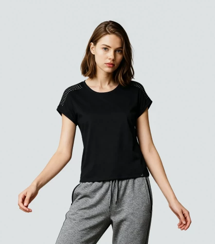 Lorain T Shirt Unicolor Con Piedreria En Hombro UnserNG