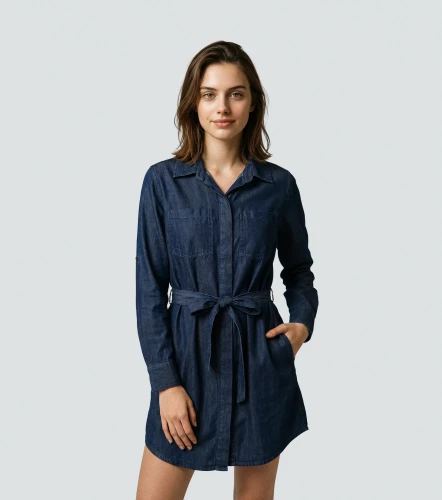 Ruby Vestido Manga Larga Con Cinturon Y Bolsillos En Delantero UnserAZ