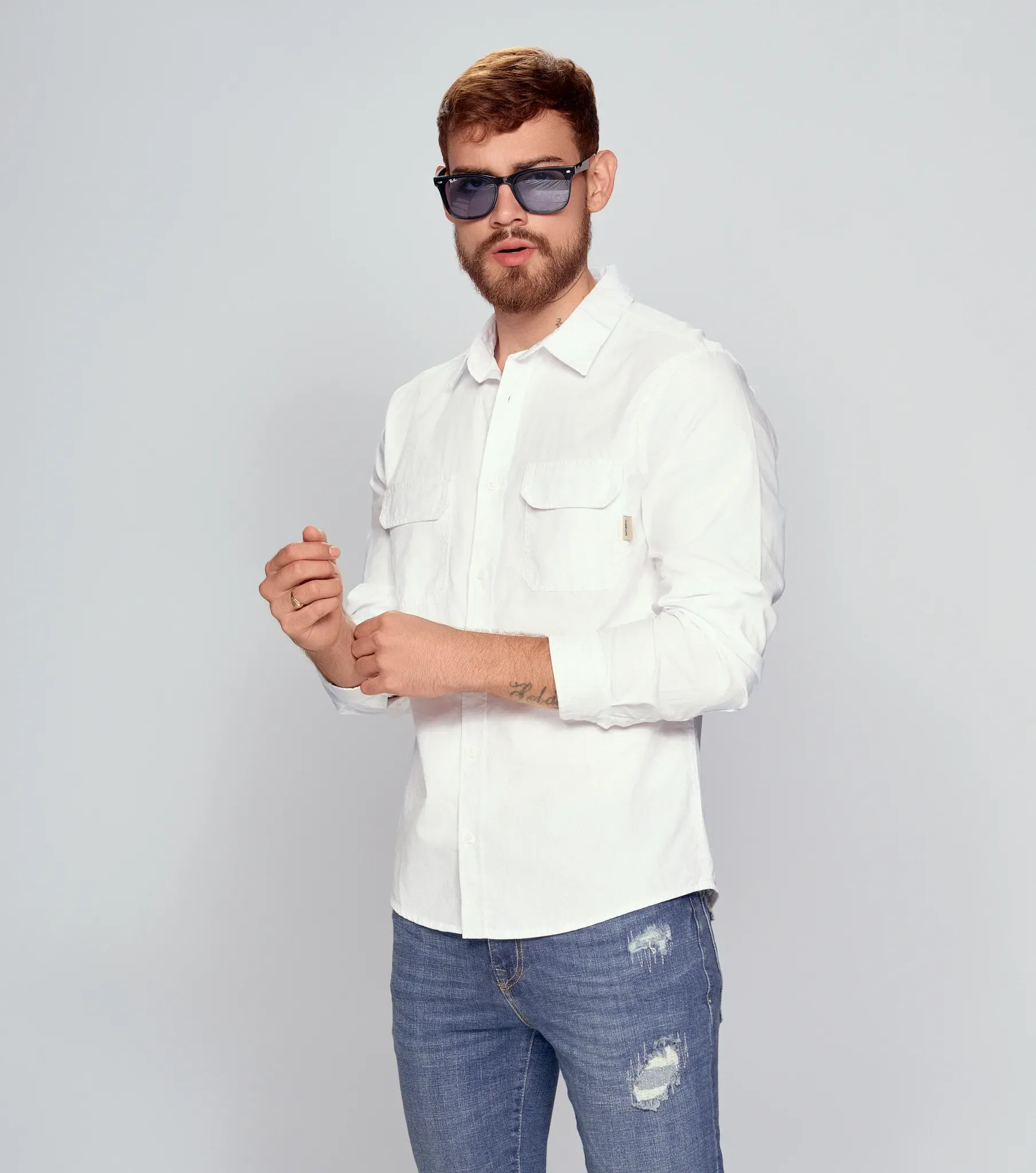 Camisa Para Hombre Unicolor Manga Larga Con Bolsillos UnserBL
