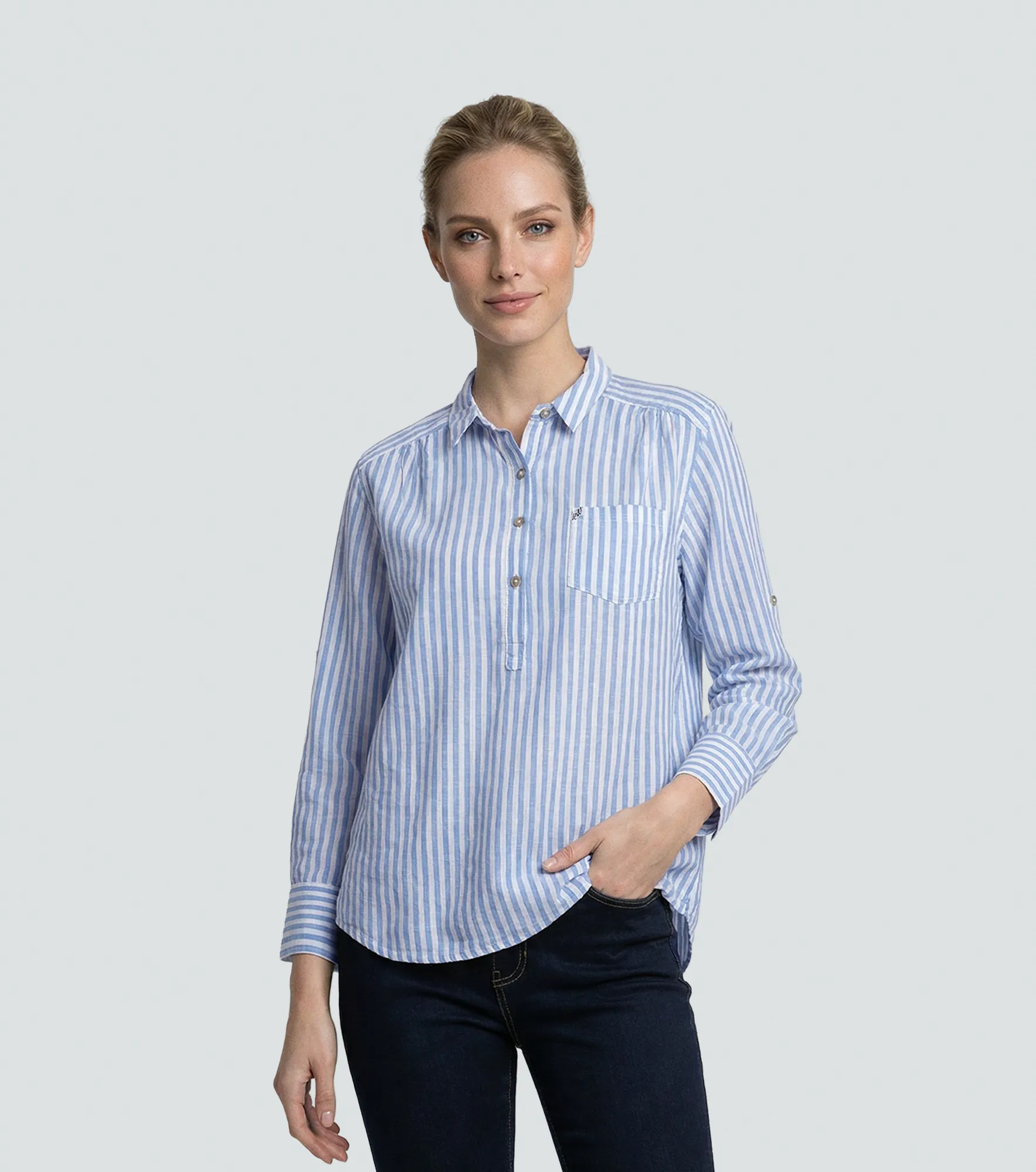 Blusa De Rayas En Lino Manga 3 4 DerekAZ